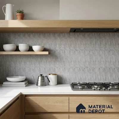 Modern Kitchen with Grey Stone-Look Stacked Subway Tile and Oak Cabinets