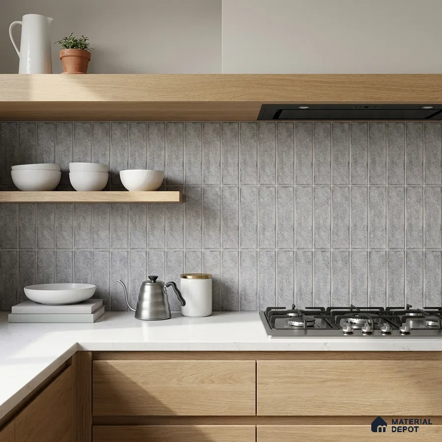 Modern Kitchen with Grey Stone-Look Stacked Subway Tile and Oak Cabinets