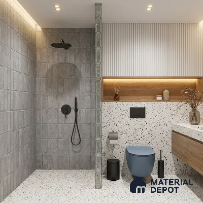 Modern Bathroom with Grey Stone-Look Stacked Tile and Terrazzo Floor