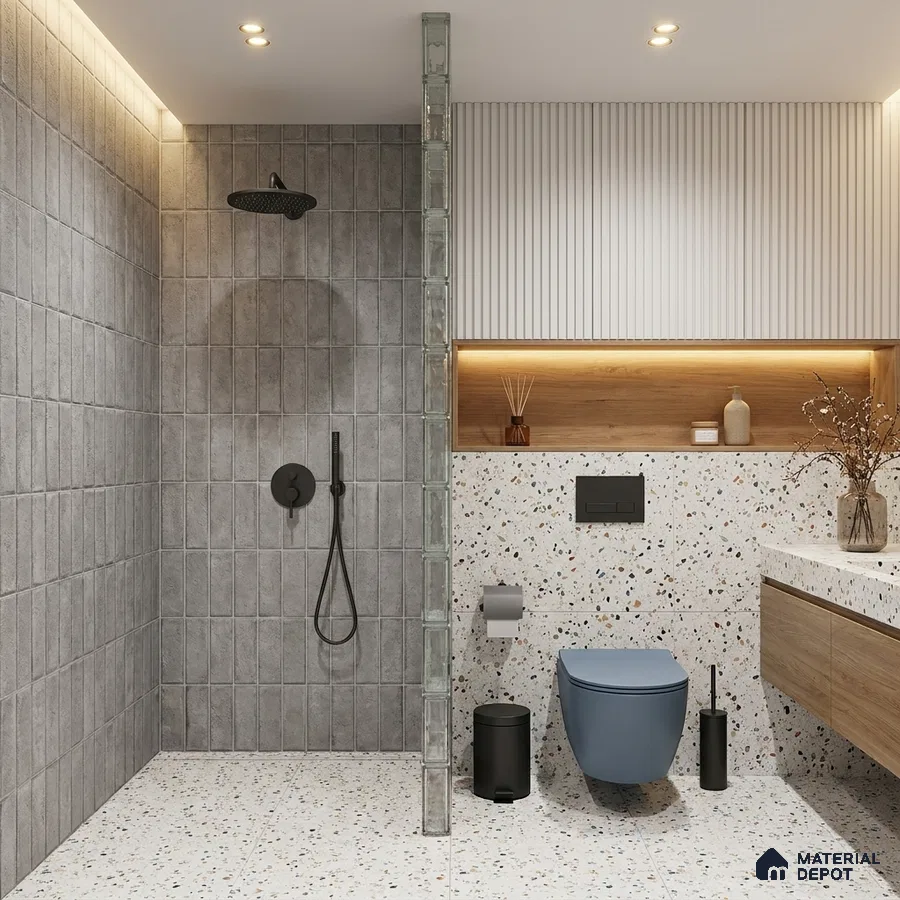 Modern Bathroom with Grey Stone-Look Stacked Tile and Terrazzo Floor