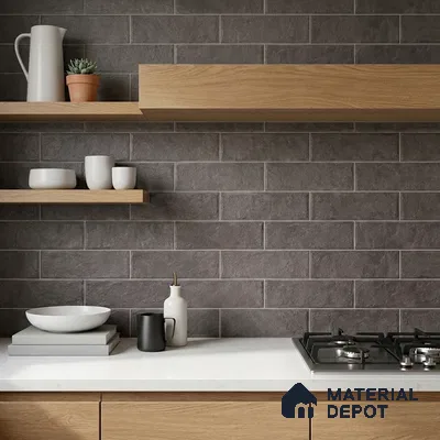 Modern Kitchen with Dark Charcoal Brick-Look Subway Tile and Oak Shelves