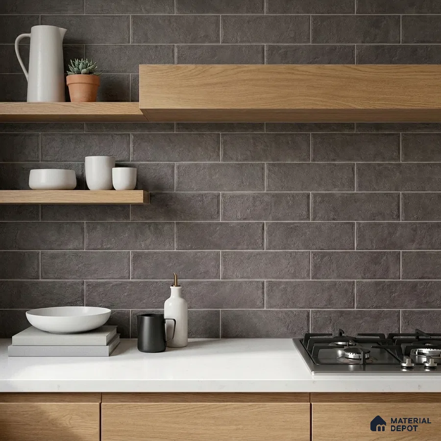 Modern Kitchen with Dark Charcoal Brick-Look Subway Tile and Oak Shelves