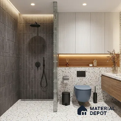 Modern Bathroom with Dark Grey Stone-Look Stacked Tile and Terrazzo Floor