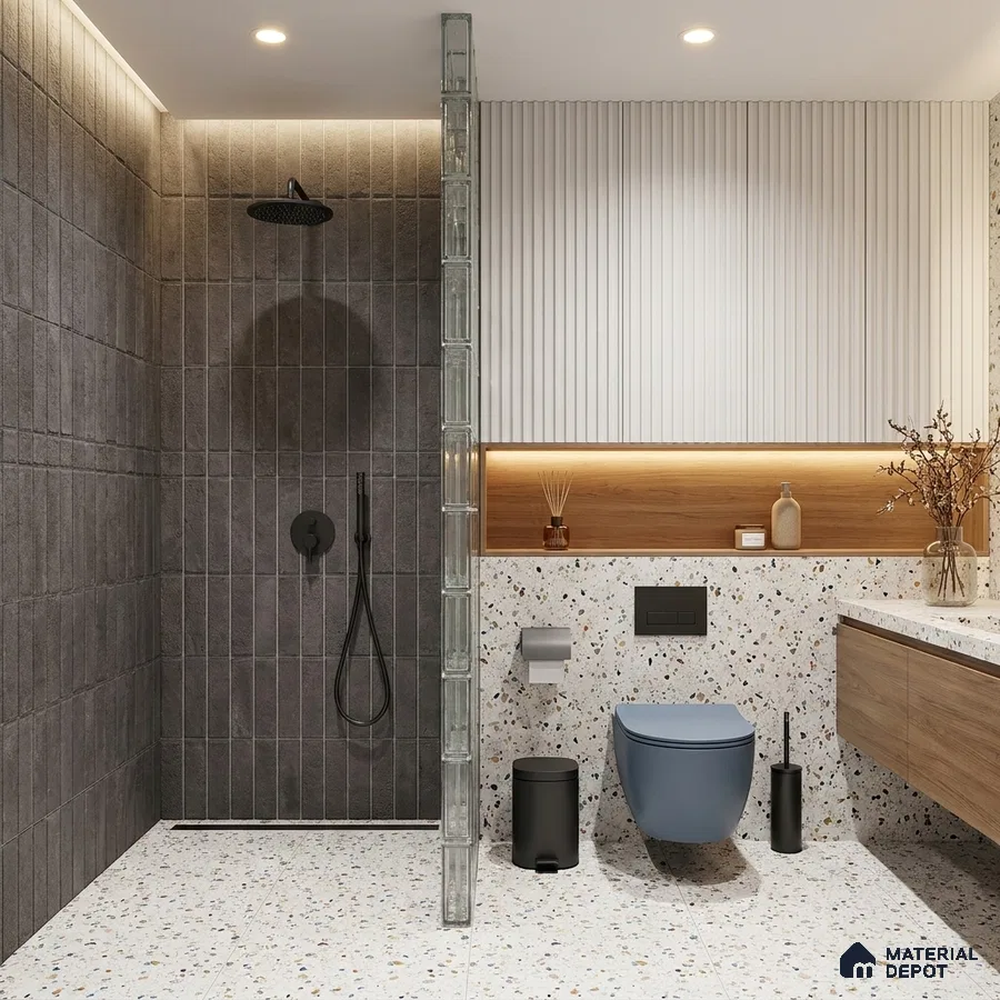 Modern Bathroom with Dark Grey Stone-Look Stacked Tile and Terrazzo Floor