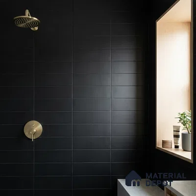 Modern Bathroom with Matte Black Brick-Look Subway Tile and Brass Fixtures