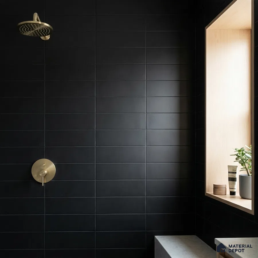 Modern Bathroom with Matte Black Brick-Look Subway Tile and Brass Fixtures