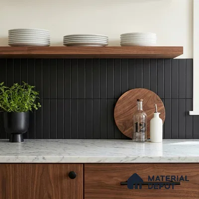 Mid-century Modern Kitchen with Matte Black Stacked Tile and Walnut Cabinets