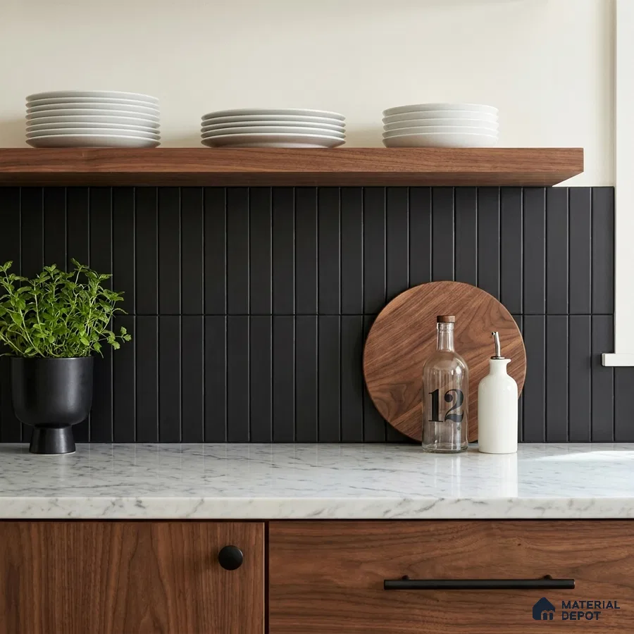 Mid-century Modern Kitchen with Matte Black Stacked Tile and Walnut Cabinets