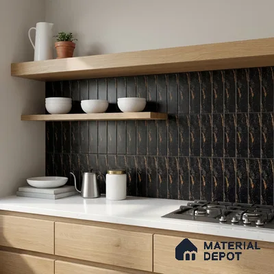 Modern Kitchen with Black and Copper Streaked Stacked Tile and Oak Cabinets