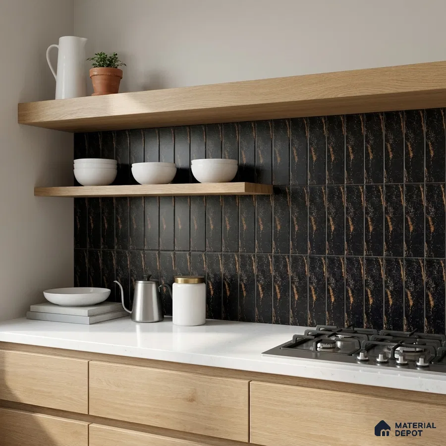 Modern Kitchen with Black and Copper Streaked Stacked Tile and Oak Cabinets