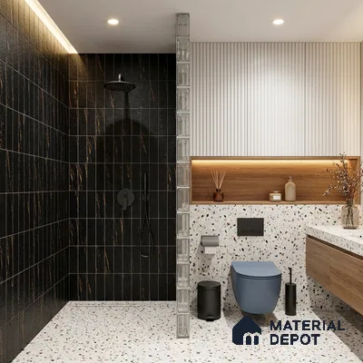 Modern Bathroom with Black and Gold Veined Stacked Tile and Terrazzo Floor