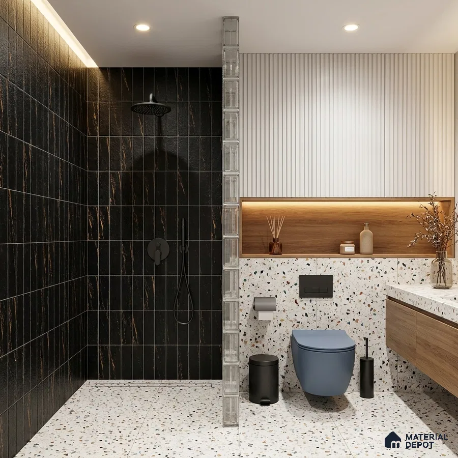 Modern Bathroom with Black and Gold Veined Stacked Tile and Terrazzo Floor