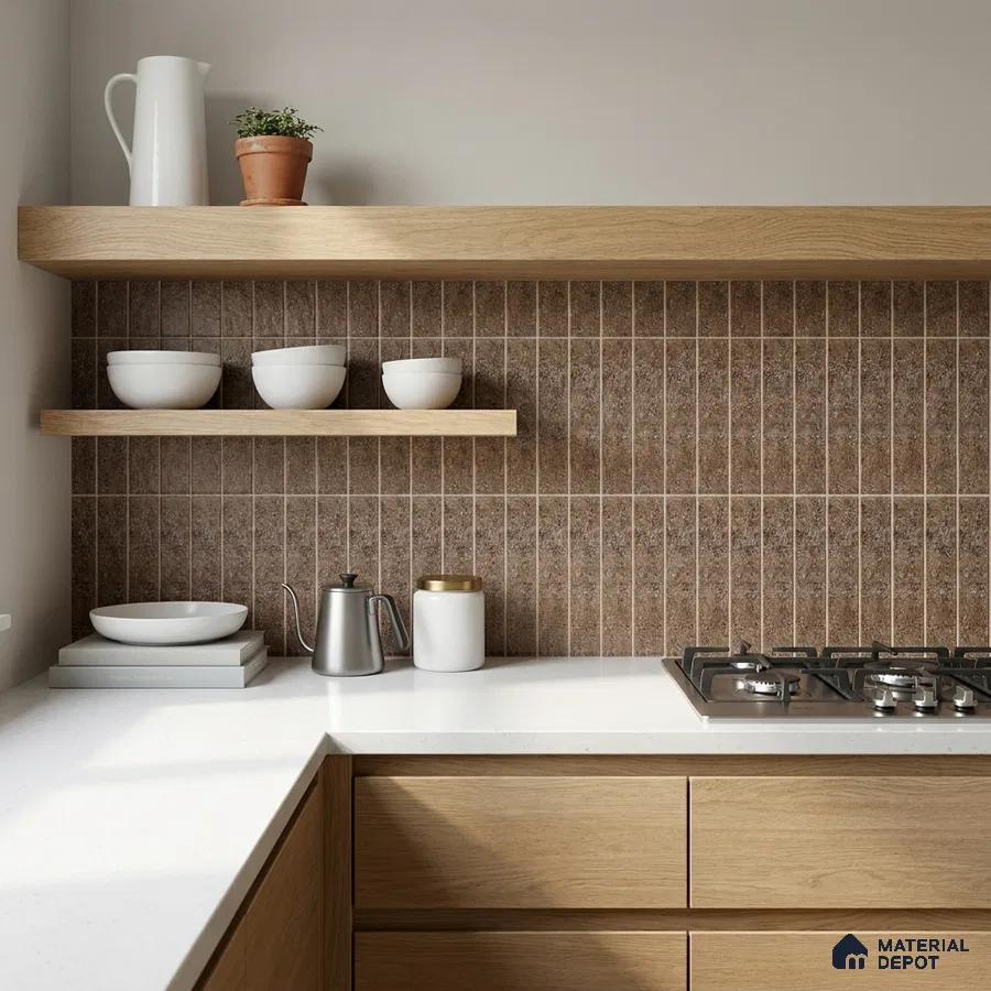 Modern Kitchen with Rust Brown Stone-Look Stacked Tile and Oak Cabinets