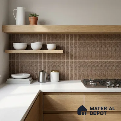 Modern Kitchen with Rust Brown Stone-Look Stacked Tile and Oak Cabinets