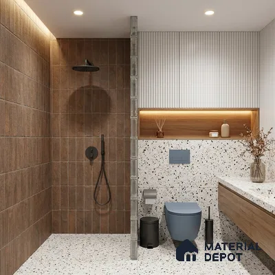 Modern Bathroom with Rust Brown Stone-Look Tile and Terrazzo Floor
