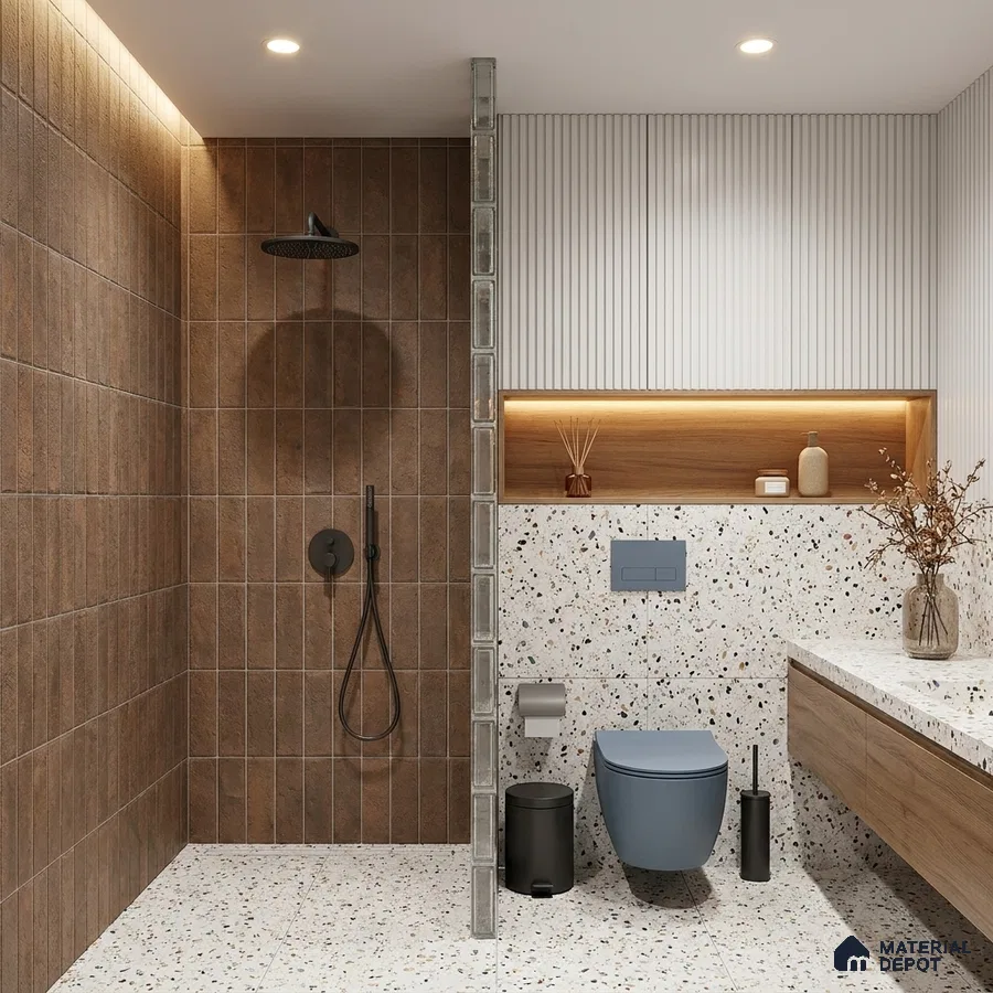 Modern Bathroom with Rust Brown Stone-Look Tile and Terrazzo Floor