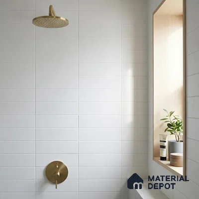 Minimalist Bathroom with White Matte Subway Tile and Brass Fixtures