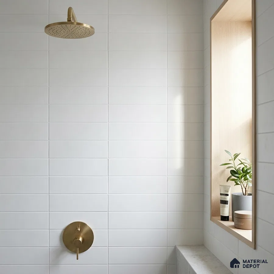 Minimalist Bathroom with White Matte Subway Tile and Brass Fixtures
