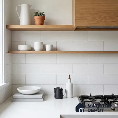 Scandinavian Kitchen with White Matte Subway Tile and Oak Shelves