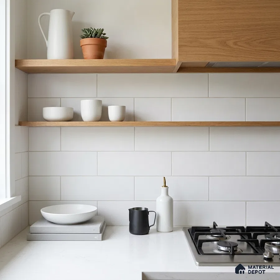 Scandinavian Kitchen with White Matte Subway Tile and Oak Shelves