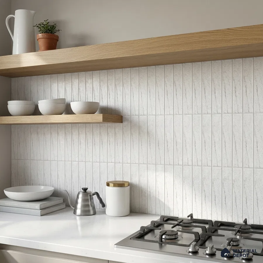 Modern Kitchen with White Marble-Look Stacked Tile and Oak Cabinets