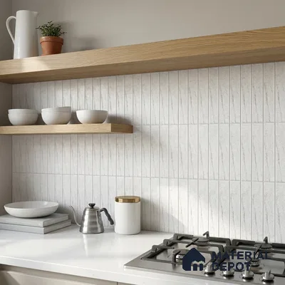 Modern Kitchen with White Marble-Look Stacked Tile and Oak Cabinets