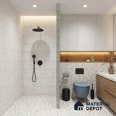 Modern Bathroom with White Marble-Look Stacked Tile and Terrazzo Floor