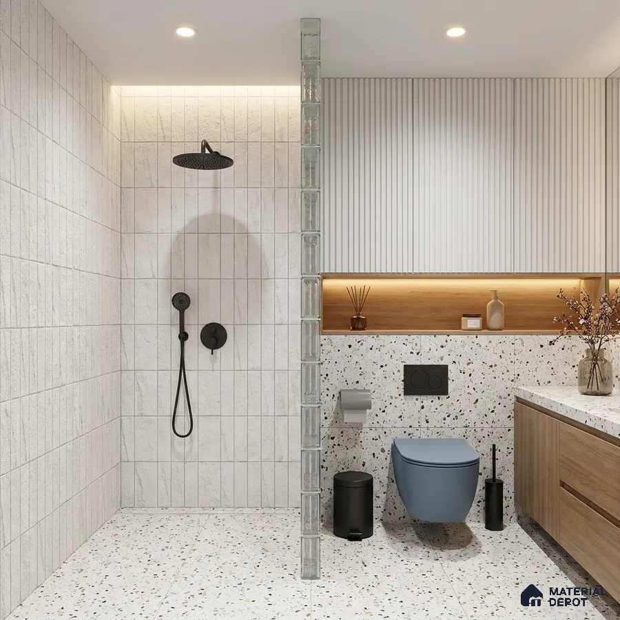 Modern Bathroom with White Marble-Look Stacked Tile and Terrazzo Floor