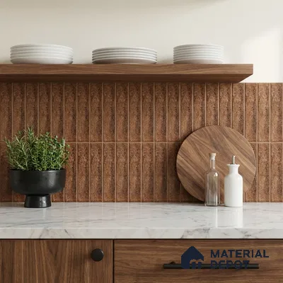 Mid-century Modern Kitchen with Terracotta Brown Stacked Tile and Walnut Cabinets