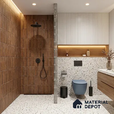 Modern Bathroom with Terracotta Brown Stone-Look Tile and Terrazzo Floor