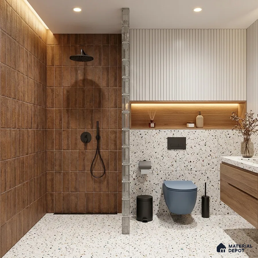 Modern Bathroom with Terracotta Brown Stone-Look Tile and Terrazzo Floor