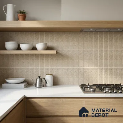 Scandinavian Kitchen with Warm Beige Stone-Look Stacked Tile and Oak Cabinets