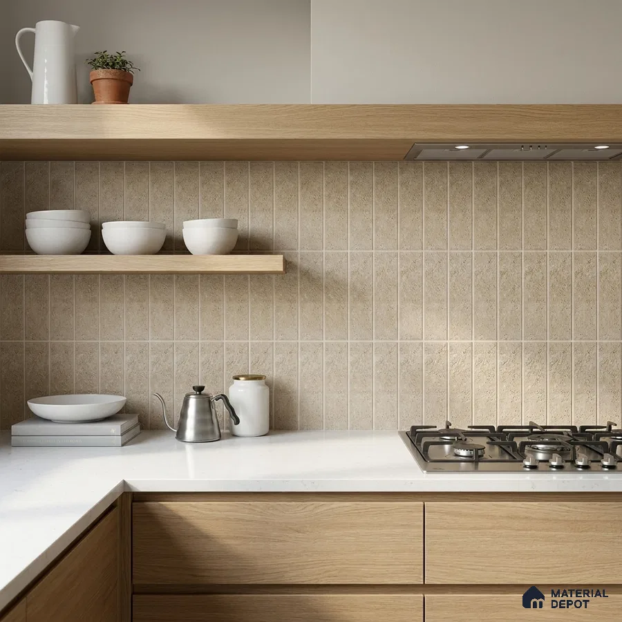 Scandinavian Kitchen with Warm Beige Stone-Look Stacked Tile and Oak Cabinets
