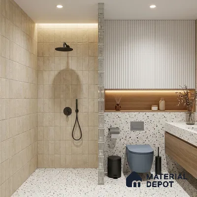 Modern Bathroom with Warm Beige Stone-Look Stacked Tile and Terrazzo Floor