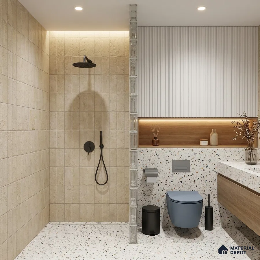 Modern Bathroom with Warm Beige Stone-Look Stacked Tile and Terrazzo Floor