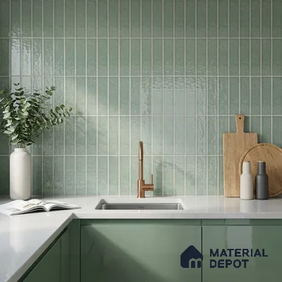 Modern Kitchen with Sage Green Glossy Stacked Tile and Copper Faucet