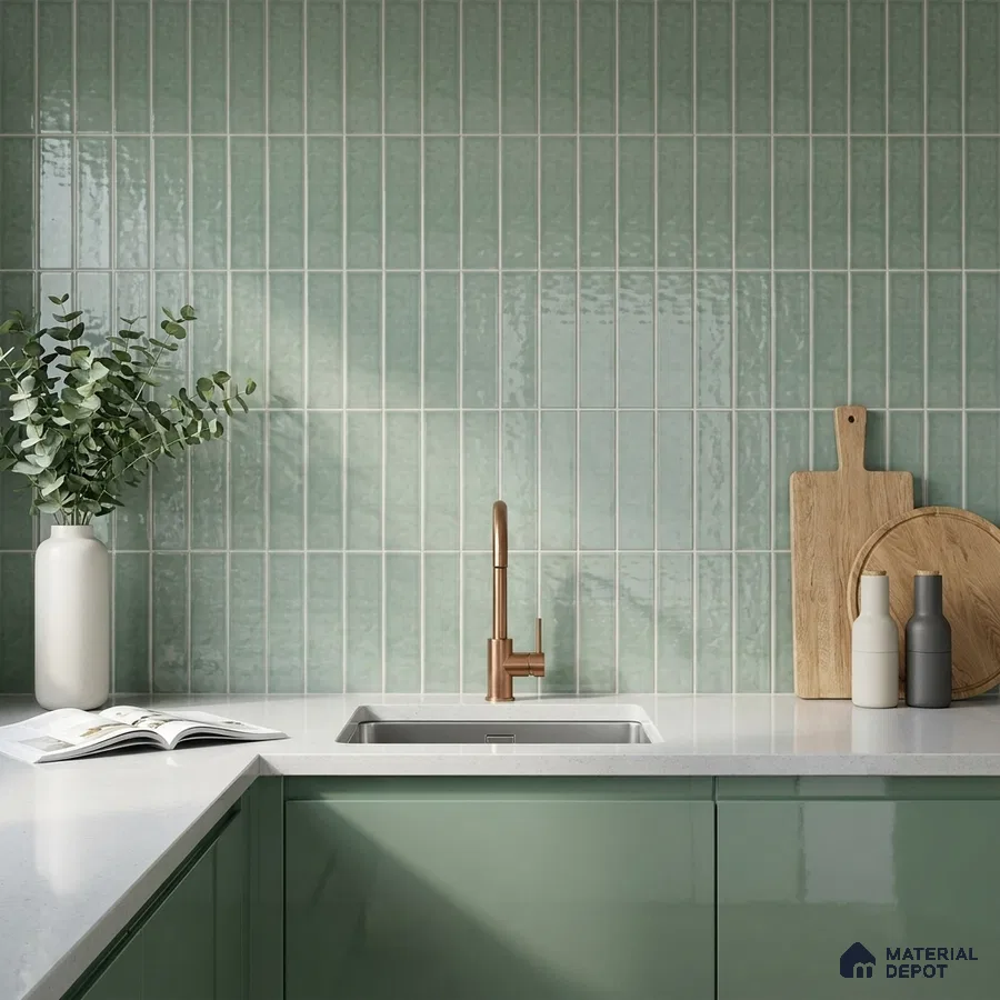 Modern Kitchen with Sage Green Glossy Stacked Tile and Copper Faucet