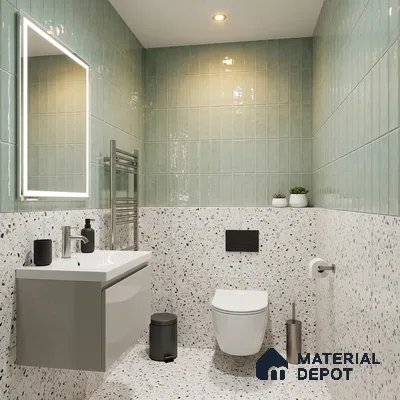 Modern Bathroom with Sage Green Glossy Stacked Tile and Terrazzo Wall