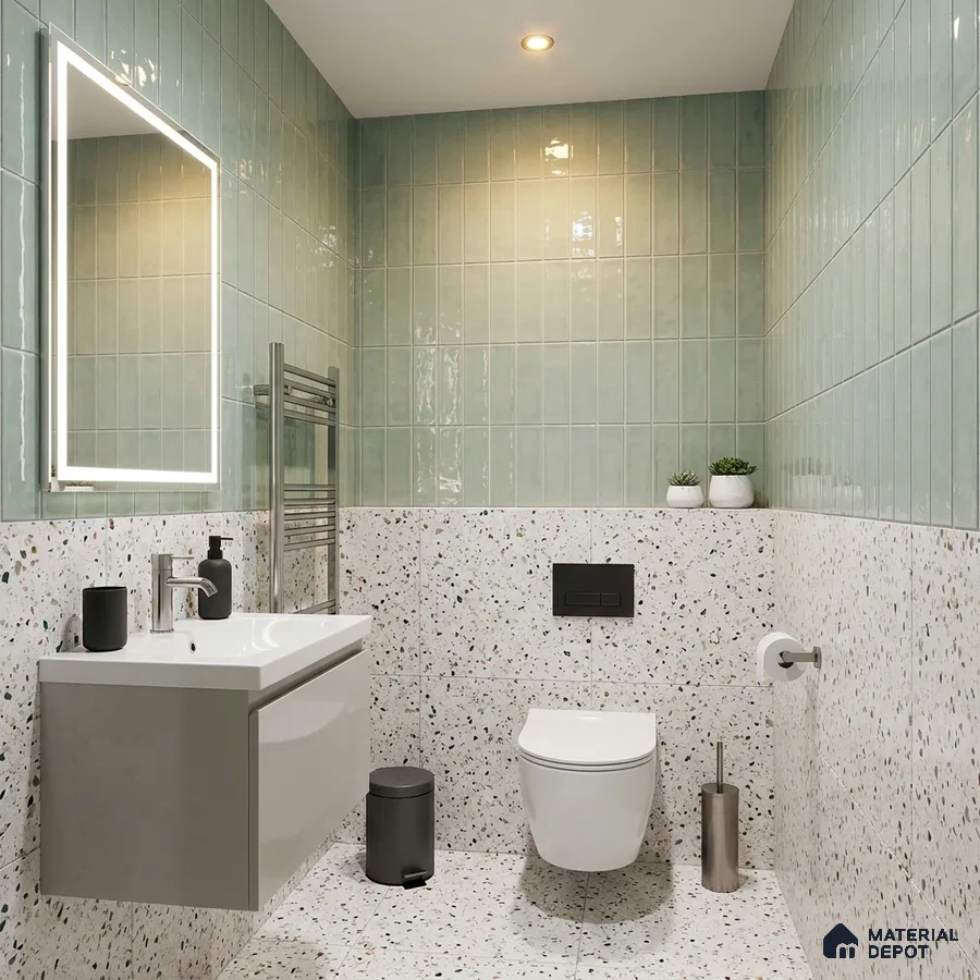 Modern Bathroom with Sage Green Glossy Stacked Tile and Terrazzo Wall