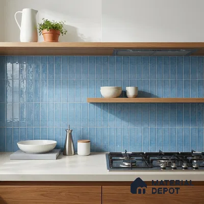 Modern Kitchen with Blue Glossy Subway Tile Backsplash and Walnut Cabinets