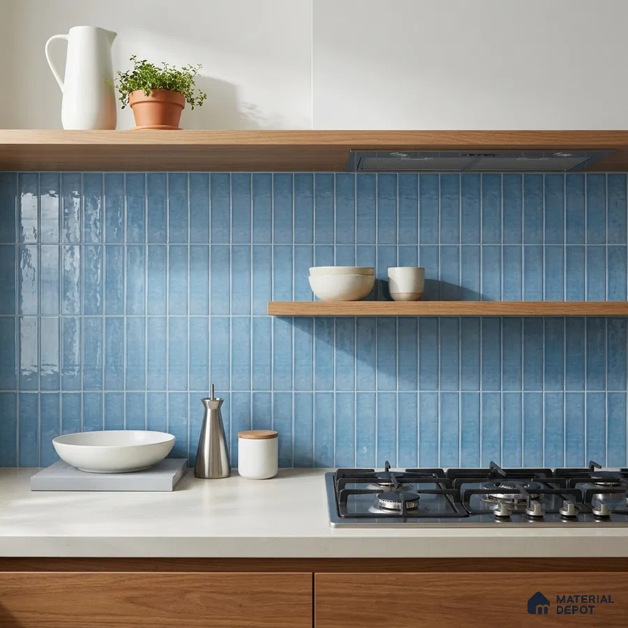 Modern Kitchen with Blue Glossy Subway Tile Backsplash and Walnut Cabinets