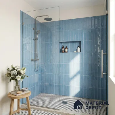 Modern Bathroom with Blue Glossy Subway Shower Tile