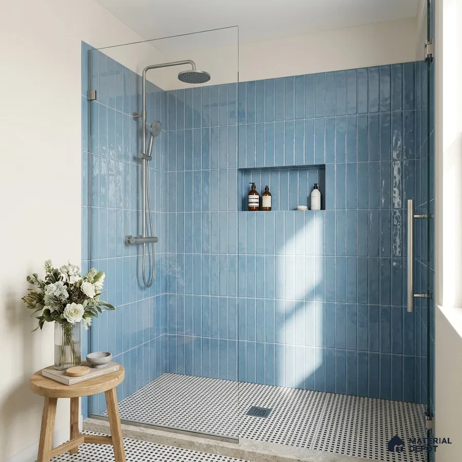 Modern Bathroom with Blue Glossy Subway Shower Tile