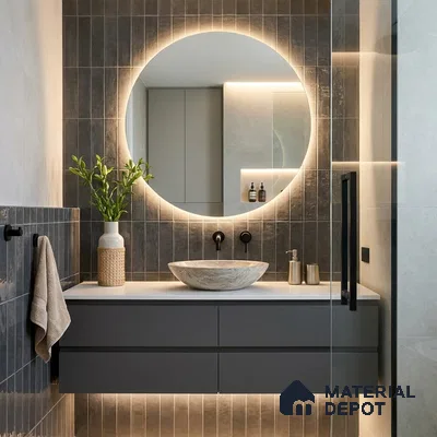 Modern Bathroom with Charcoal Bronze Glossy Stacked Subway Accent Tile