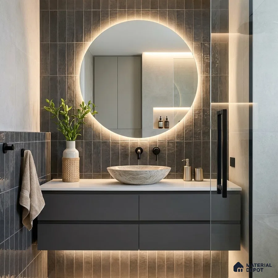 Modern Bathroom with Charcoal Bronze Glossy Stacked Subway Accent Tile