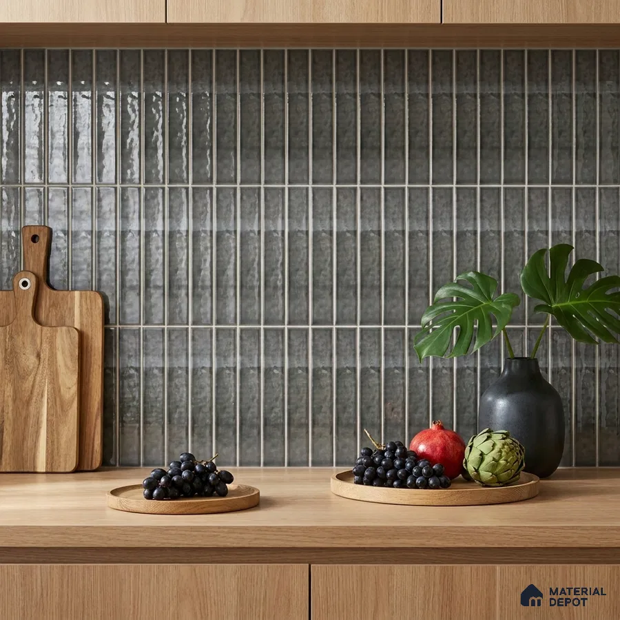 Modern Kitchen with Charcoal Grey Glossy Subway Backsplash and Oak Cabinets