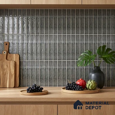 Modern Kitchen with Charcoal Grey Glossy Subway Backsplash and Oak Cabinets