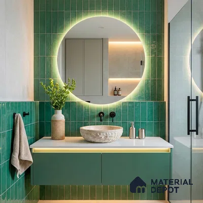 Modern Bathroom with Emerald Green Subway Accent Tile and Round Mirror