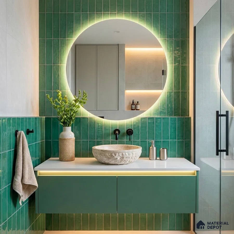 Modern Bathroom with Emerald Green Subway Accent Tile and Round Mirror