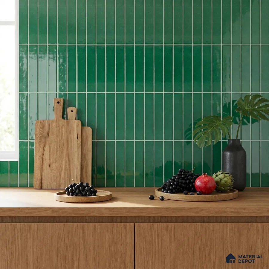Modern Kitchen with Emerald Green Glossy Subway Backsplash